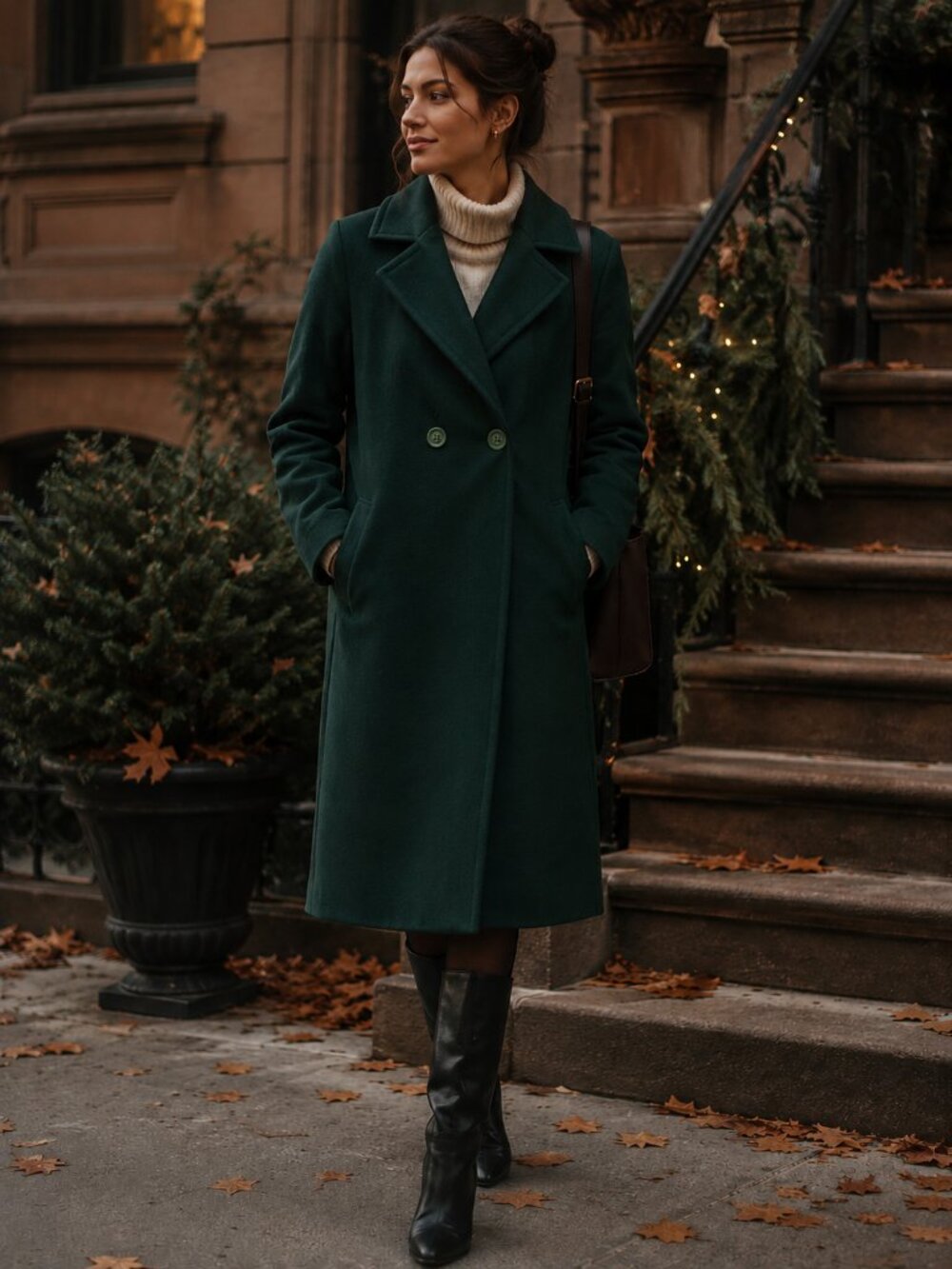 Green Double-Breasted 100% Wool Coat – Fall/Winter Long Coat